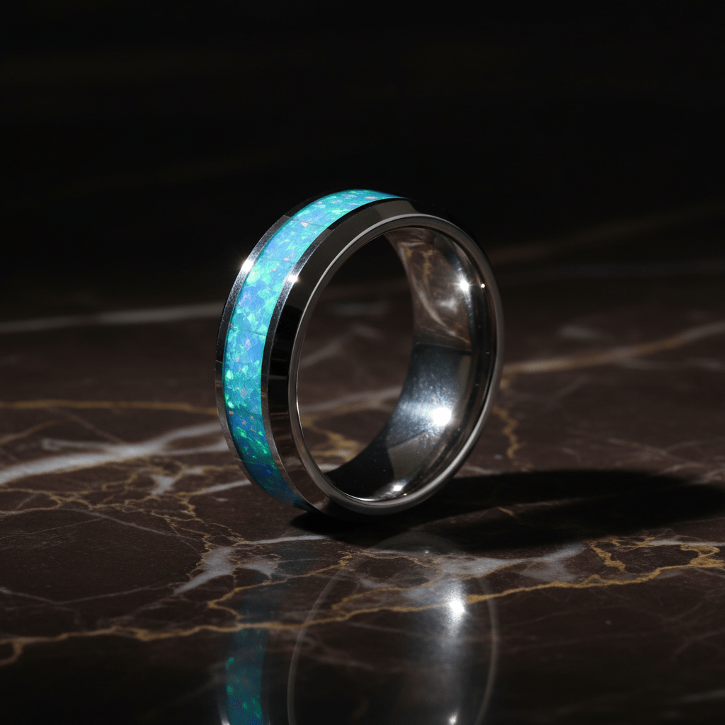 GLEAMING — Luxury 3/4 angle on dark marble — men's tungsten wedding ring.
