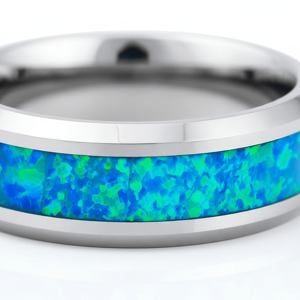 GLEAMING — Extreme macro detail — men's tungsten wedding ring.