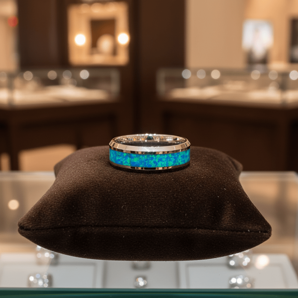 GLEAMING — Premium boutique display on velvet — men's tungsten wedding ring.