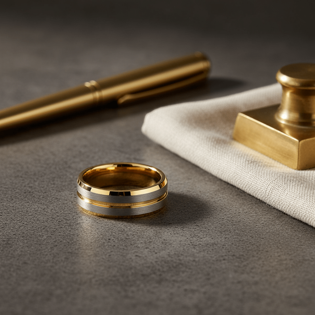 GLEAMLINE — Editorial masculine still life — men's tungsten wedding ring.