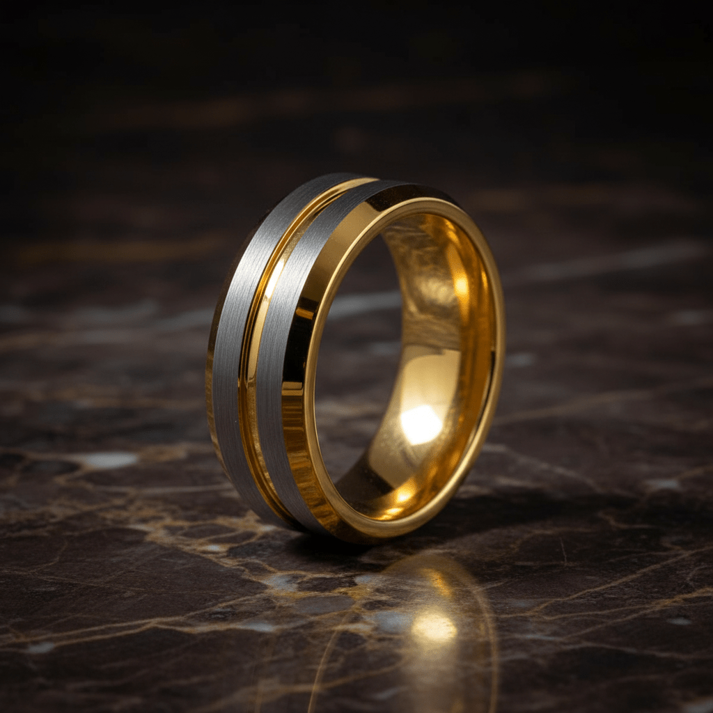 GLEAMLINE — Luxury 3/4 angle on dark marble — men's tungsten wedding ring.