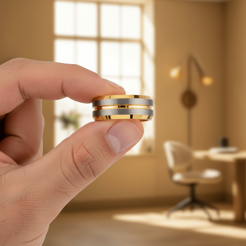 GLEAMLINE — Held between fingers close-up — men's tungsten wedding ring.