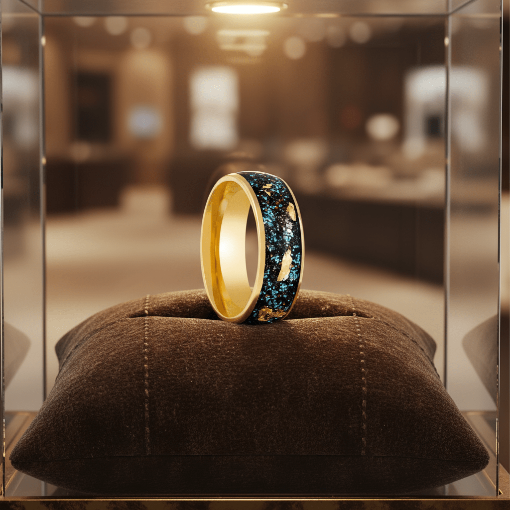 GLITSEA — Premium boutique display on velvet — men's tungsten wedding ring.