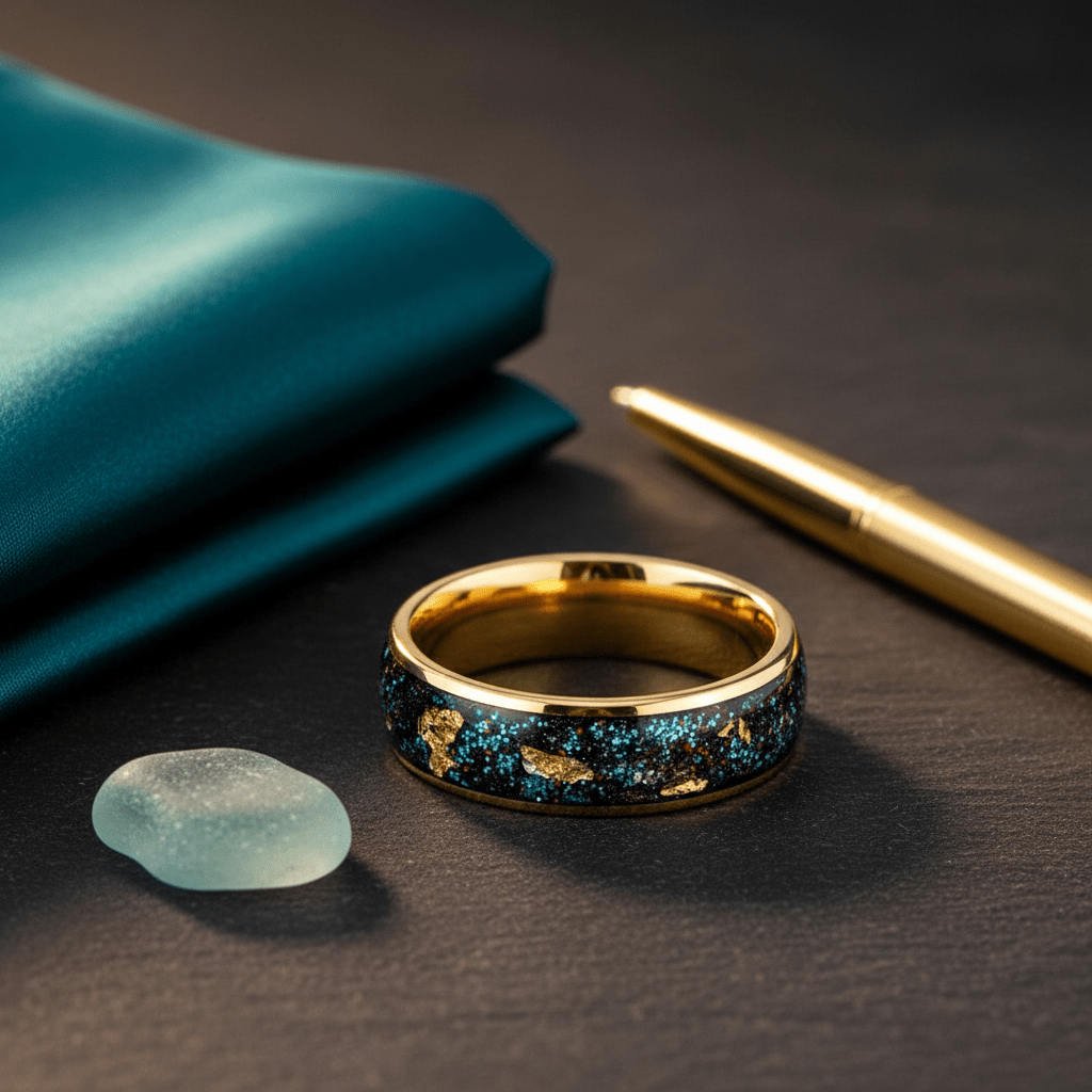 GLITSEA — Editorial masculine still life — men's tungsten wedding ring.
