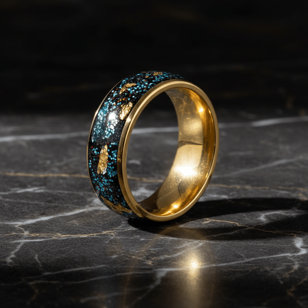 GLITSEA — Luxury 3/4 angle on dark marble — men's tungsten wedding ring.