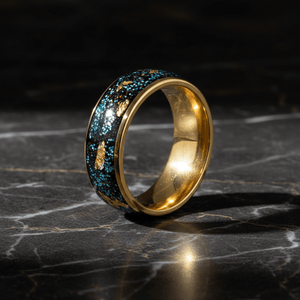 GLITSEA — Luxury 3/4 angle on dark marble — men's tungsten wedding ring.