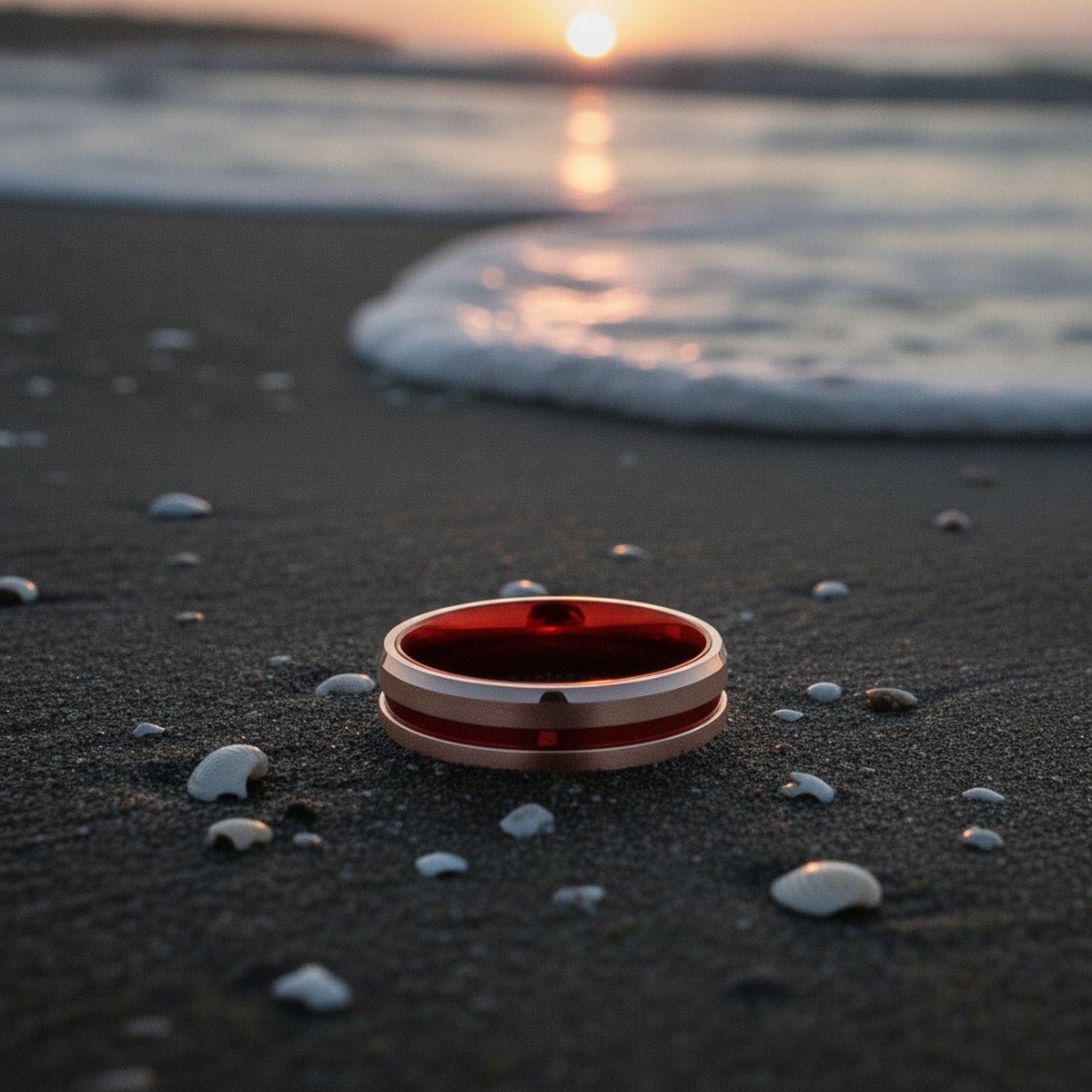 Aydins GOSTU | Rose Gold Tungsten Red Groove Red Anodized Interior Flat Wedding Ring 8mm lifestyle scene, saltwater tide