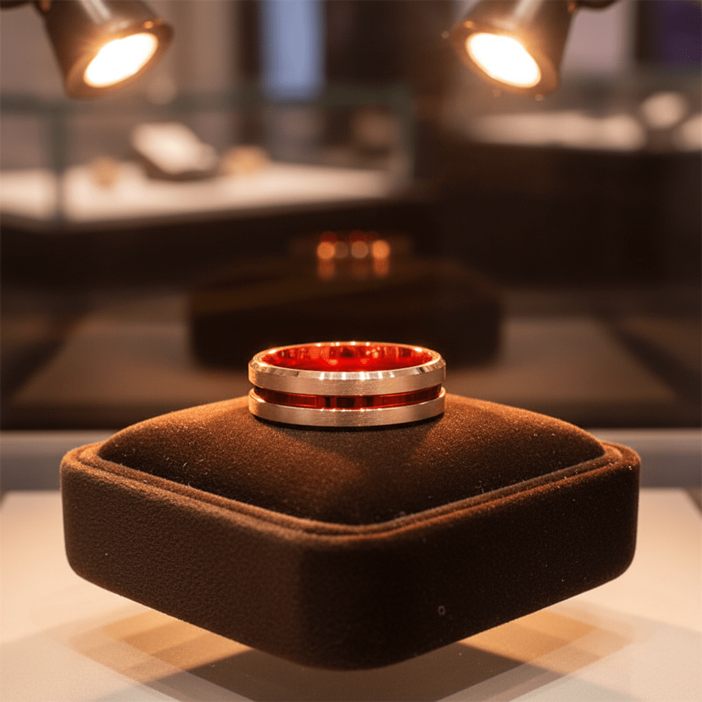 GOSTU — Premium boutique display on velvet — men's tungsten wedding ring.