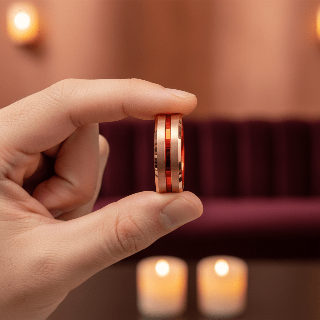 GOSTU — Held between fingers close-up — men's tungsten wedding ring.
