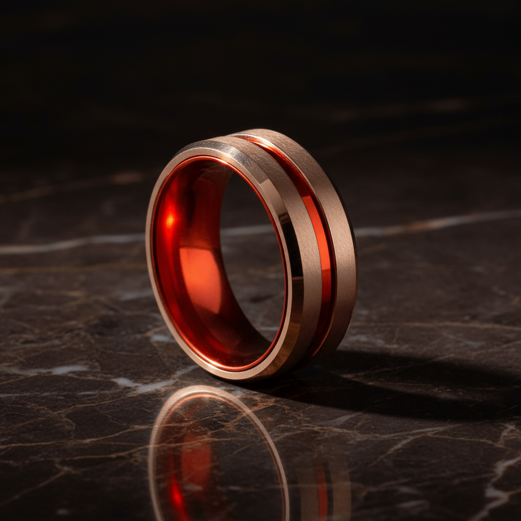 GOSTU — Luxury 3/4 angle on dark marble — men's tungsten wedding ring.