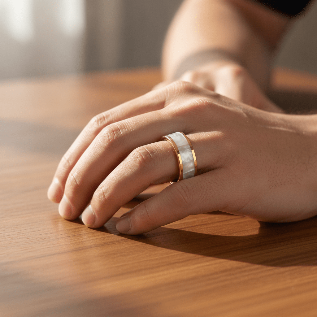 GRACE gold-plated tungsten wedding band with real white abalone shell inlay worn on man's hand resting on walnut table, lifestyle photo