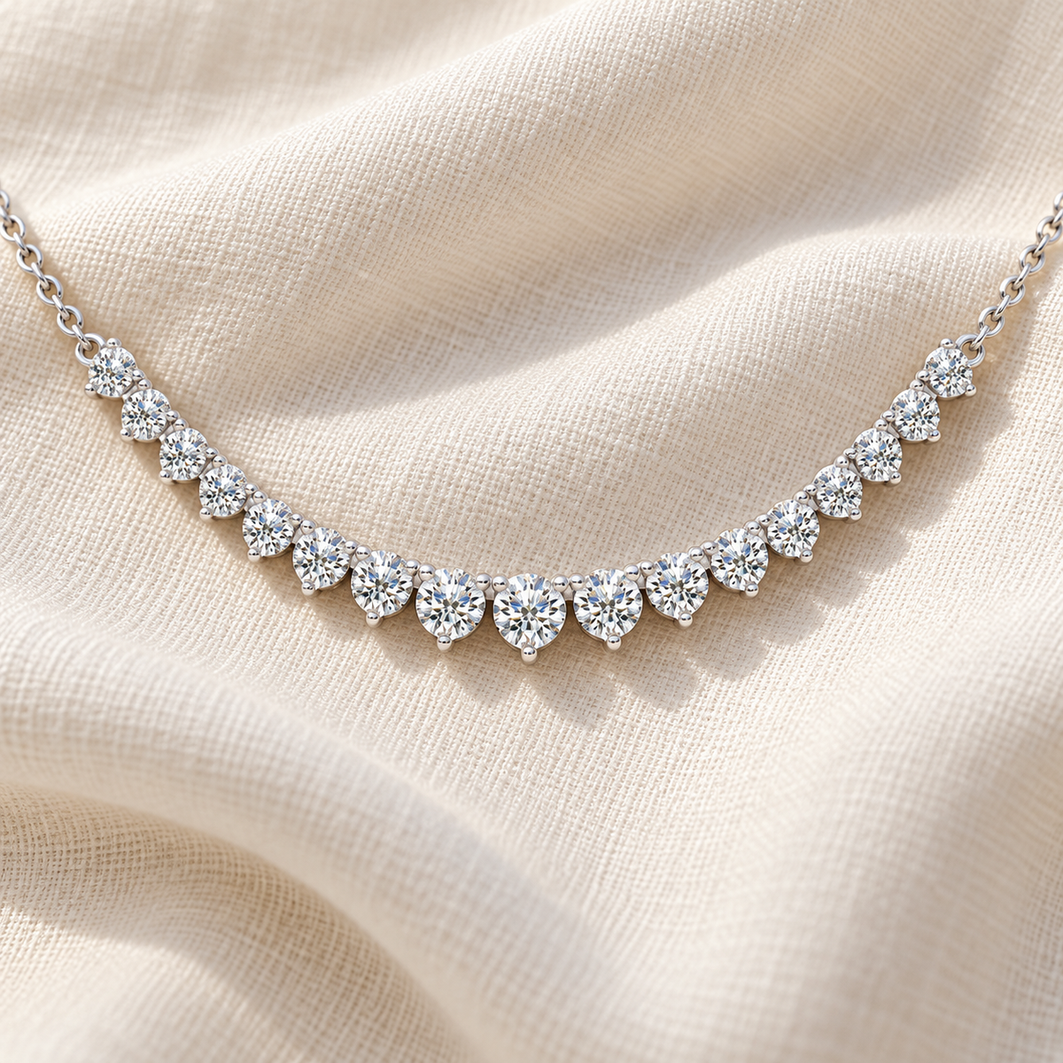 Graduated Diamond Necklace With Chain, silver, lab grown diamonds, on ivory linen