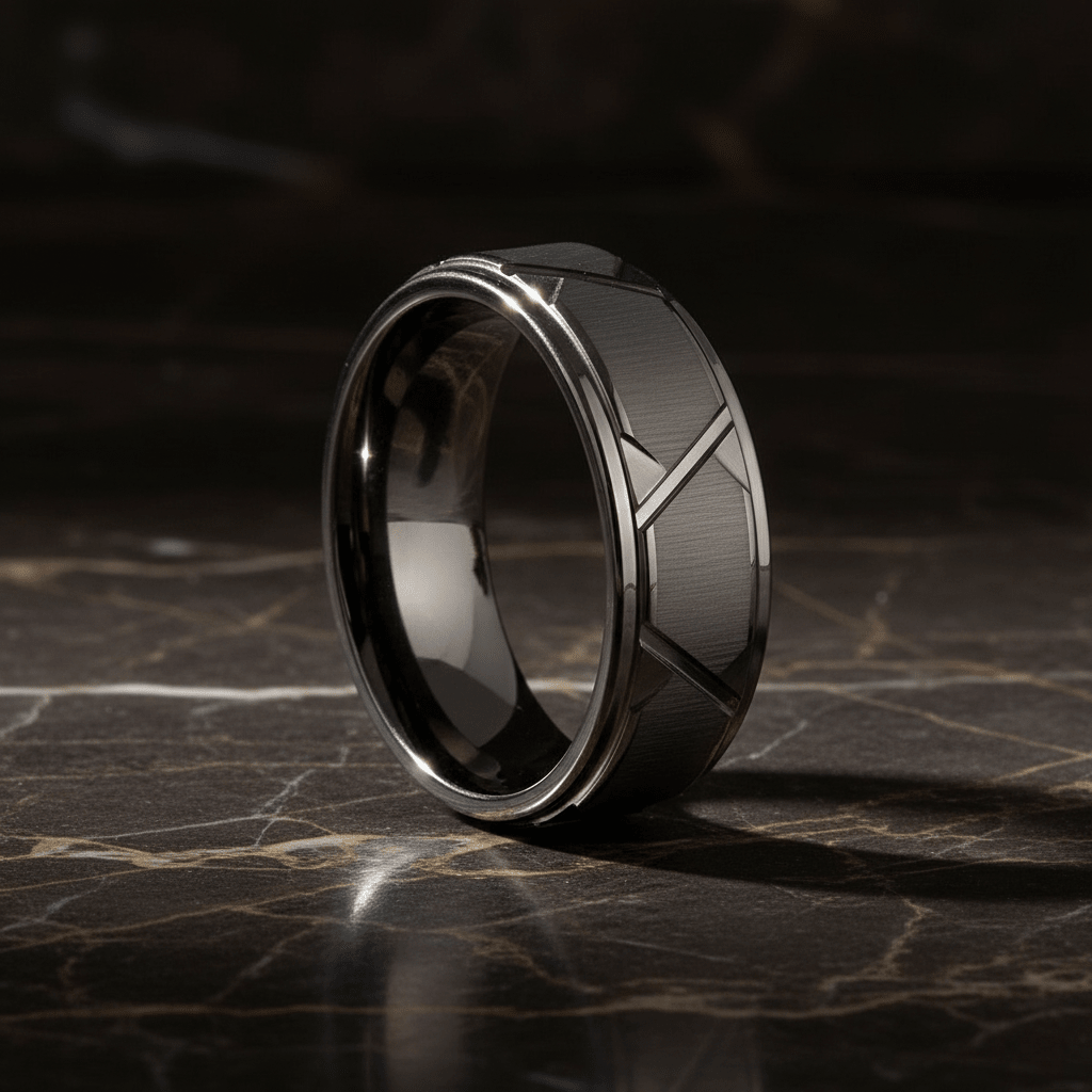 GRAPHIZOID — Luxury 3/4 angle on dark marble — men's tungsten wedding ring.