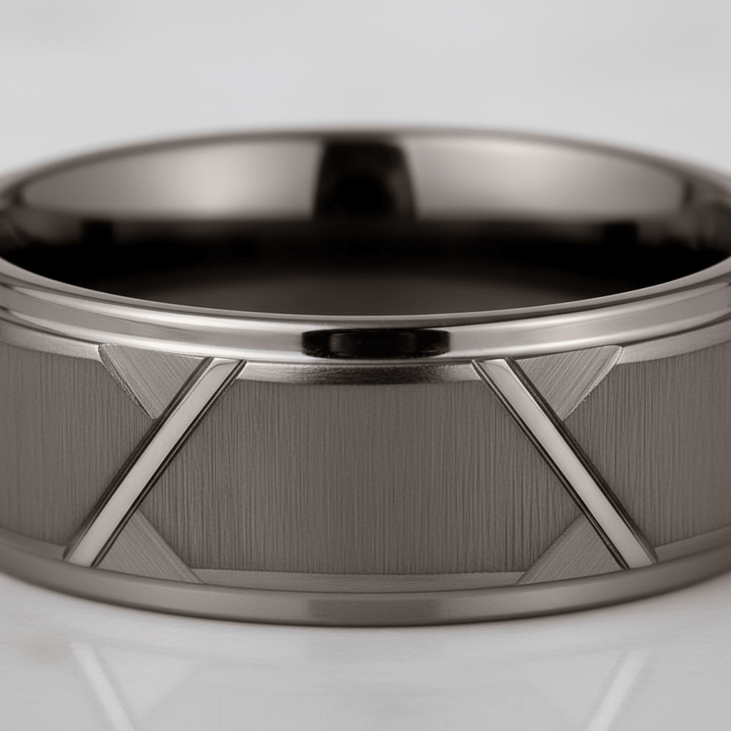 GRAPHIZOID — Extreme macro detail — men's tungsten wedding ring.