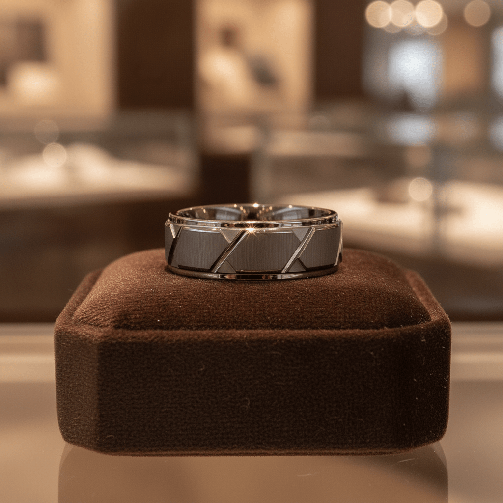 GRAPHIZOID — Premium boutique display on velvet — men's tungsten wedding ring.