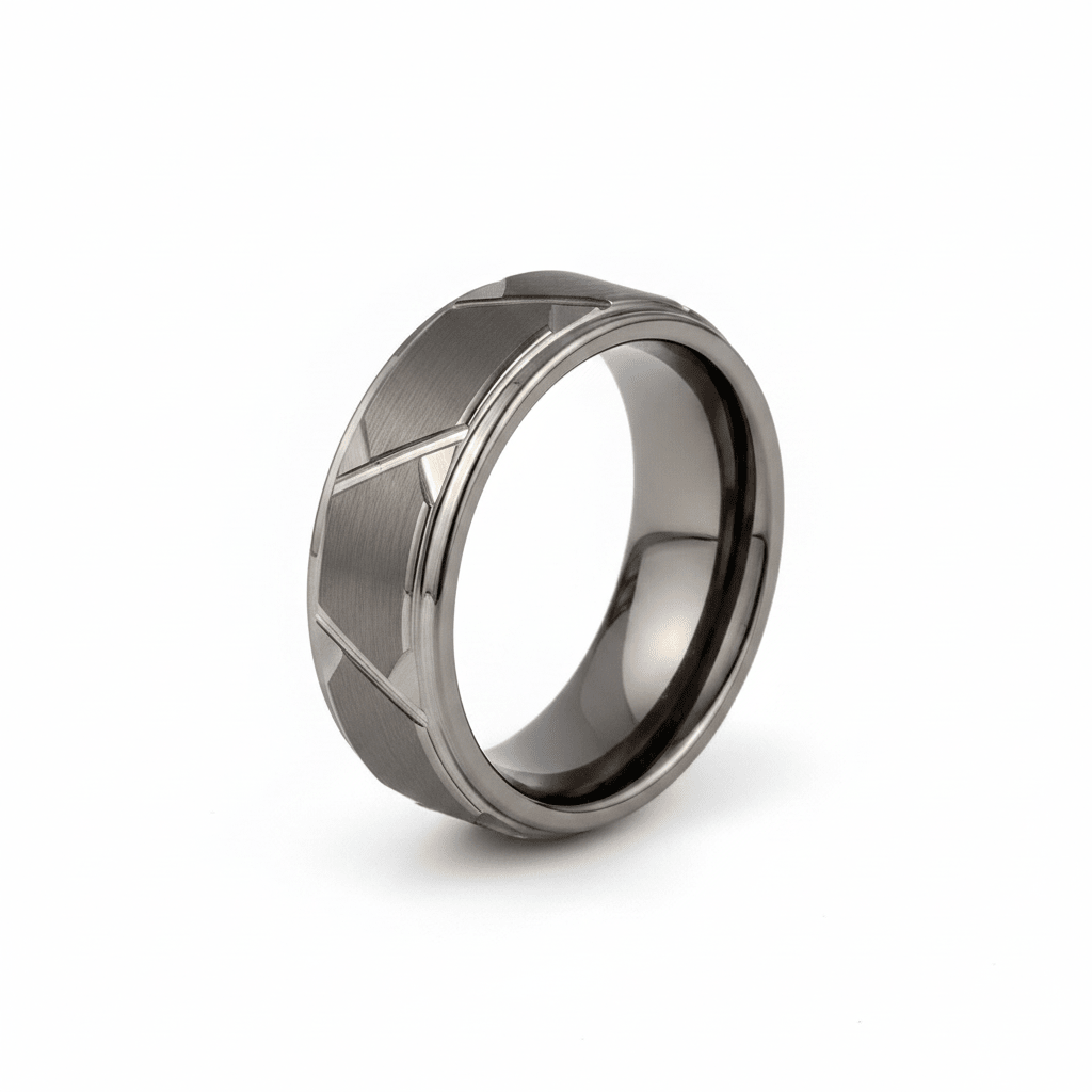 GRAPHIZOID — Hero product shot — men's tungsten wedding ring.