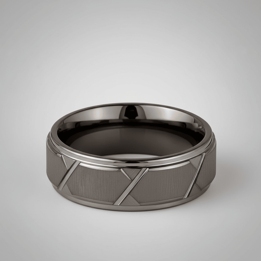 GRAPHIZOID — Center-through axial view — men's tungsten wedding ring.