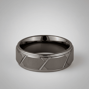 GRAPHIZOID — Center-through axial view — men's tungsten wedding ring.