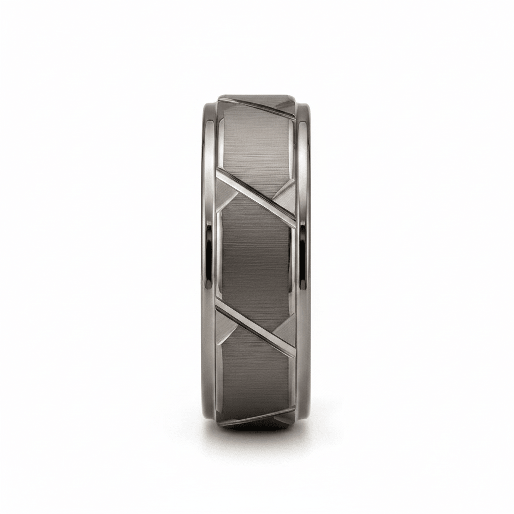 GRAPHIZOID — Front-facing straight-on view — men's tungsten wedding ring.