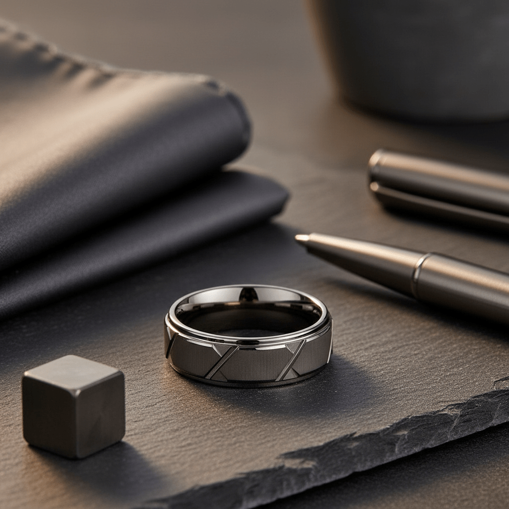 GRAPHIZOID — Editorial masculine still life — men's tungsten wedding ring.