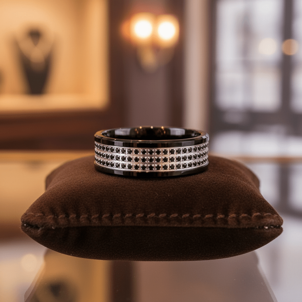 GRAVEL — Premium boutique display on velvet — men's tungsten wedding ring.