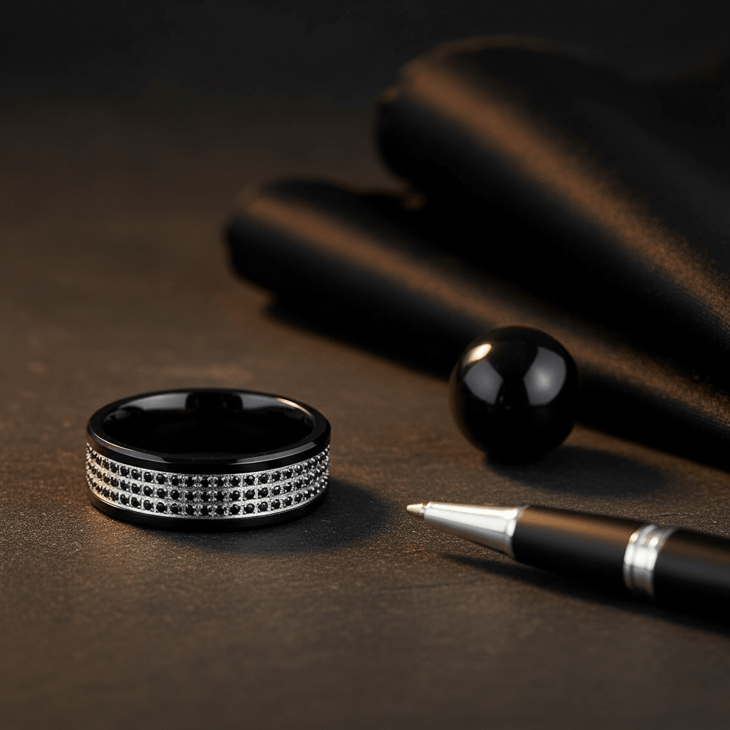 GRAVEL — Editorial masculine still life — men's tungsten wedding ring.