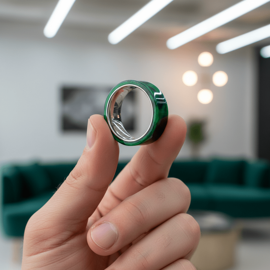 GREENFIRE — Held between fingers close-up — men's tungsten wedding ring.