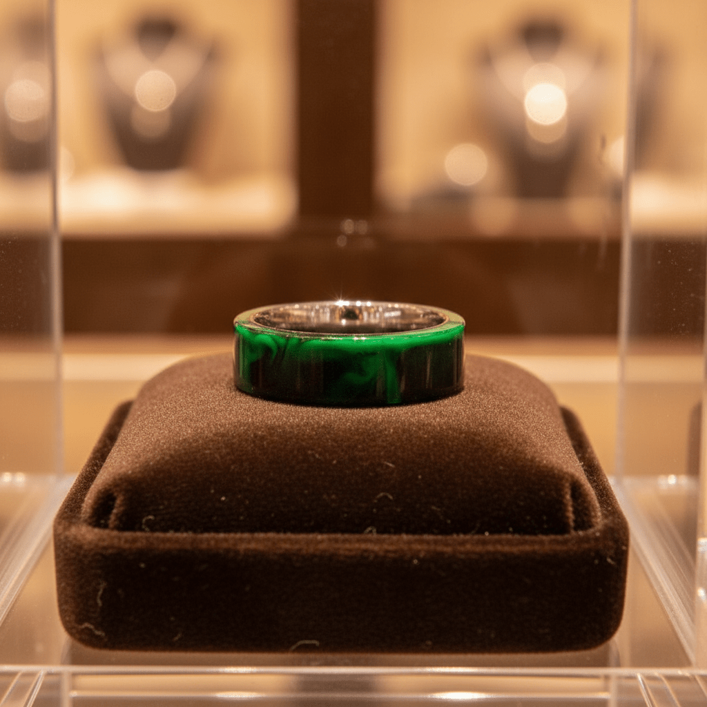 GREENFIRE — Premium boutique display on velvet — men's tungsten wedding ring.