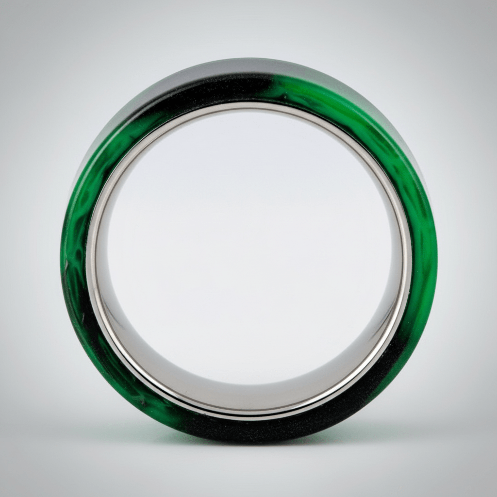 GREENFIRE — Center-through axial view — men's tungsten wedding ring.