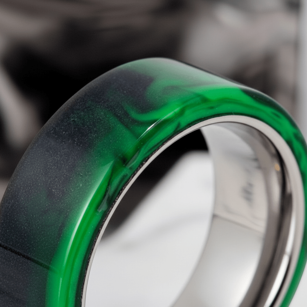 GREENFIRE — Extreme macro detail — men's tungsten wedding ring.