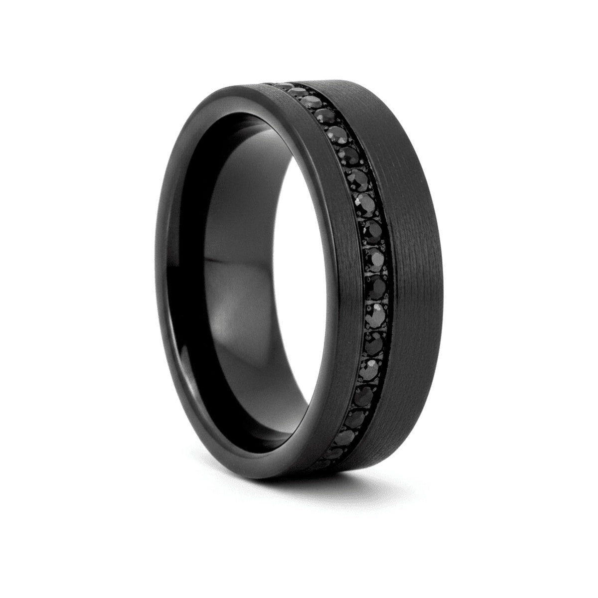 GROOVIX black tungsten wedding ring with grooved black CZ center - front view