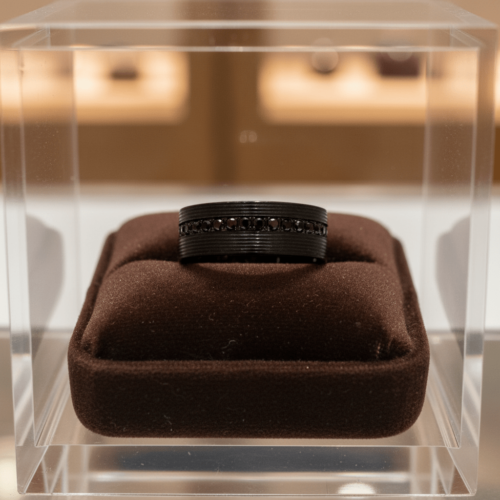GROOVIX — Premium boutique display on velvet — men's tungsten wedding ring.