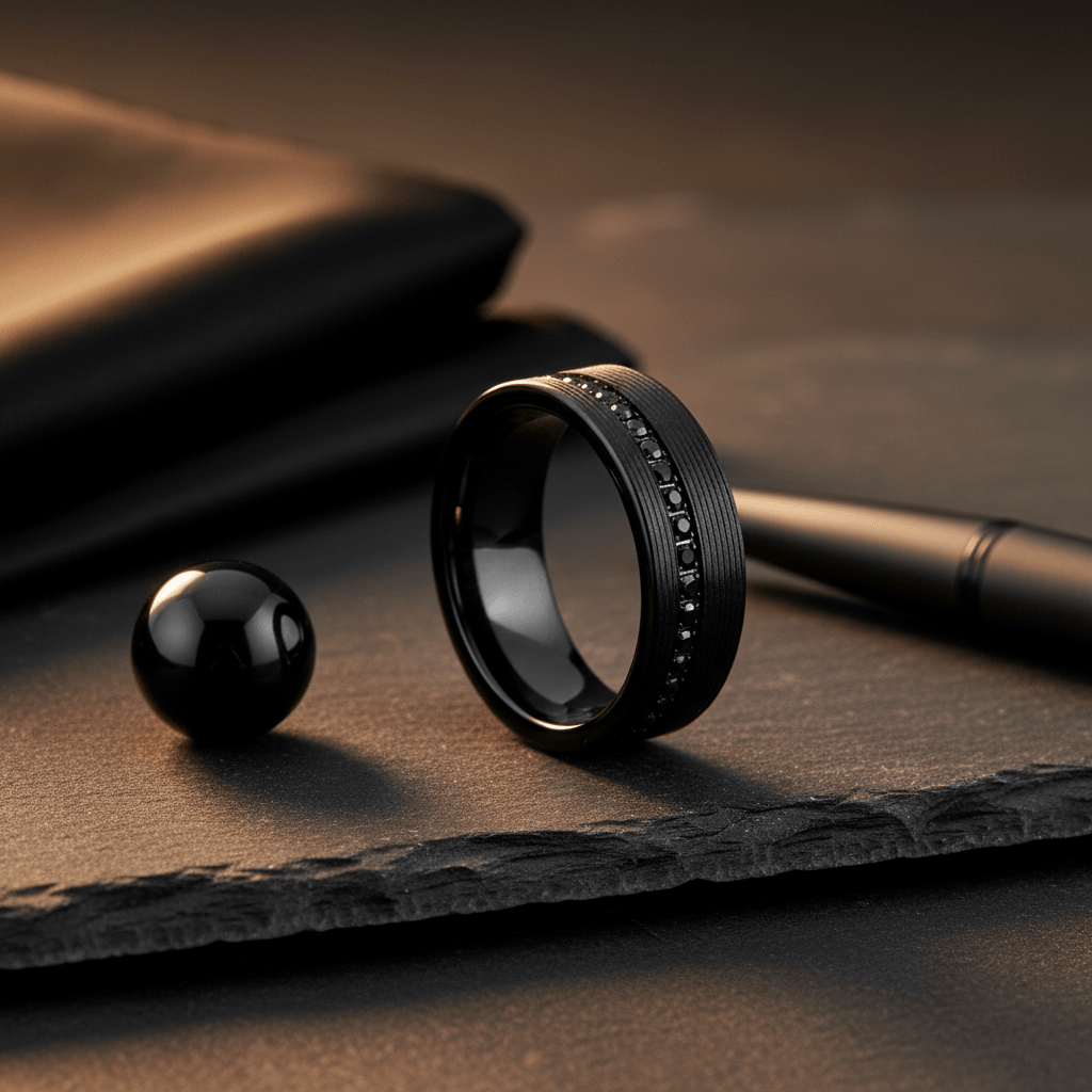GROOVIX — Editorial masculine still life — men's tungsten wedding ring.