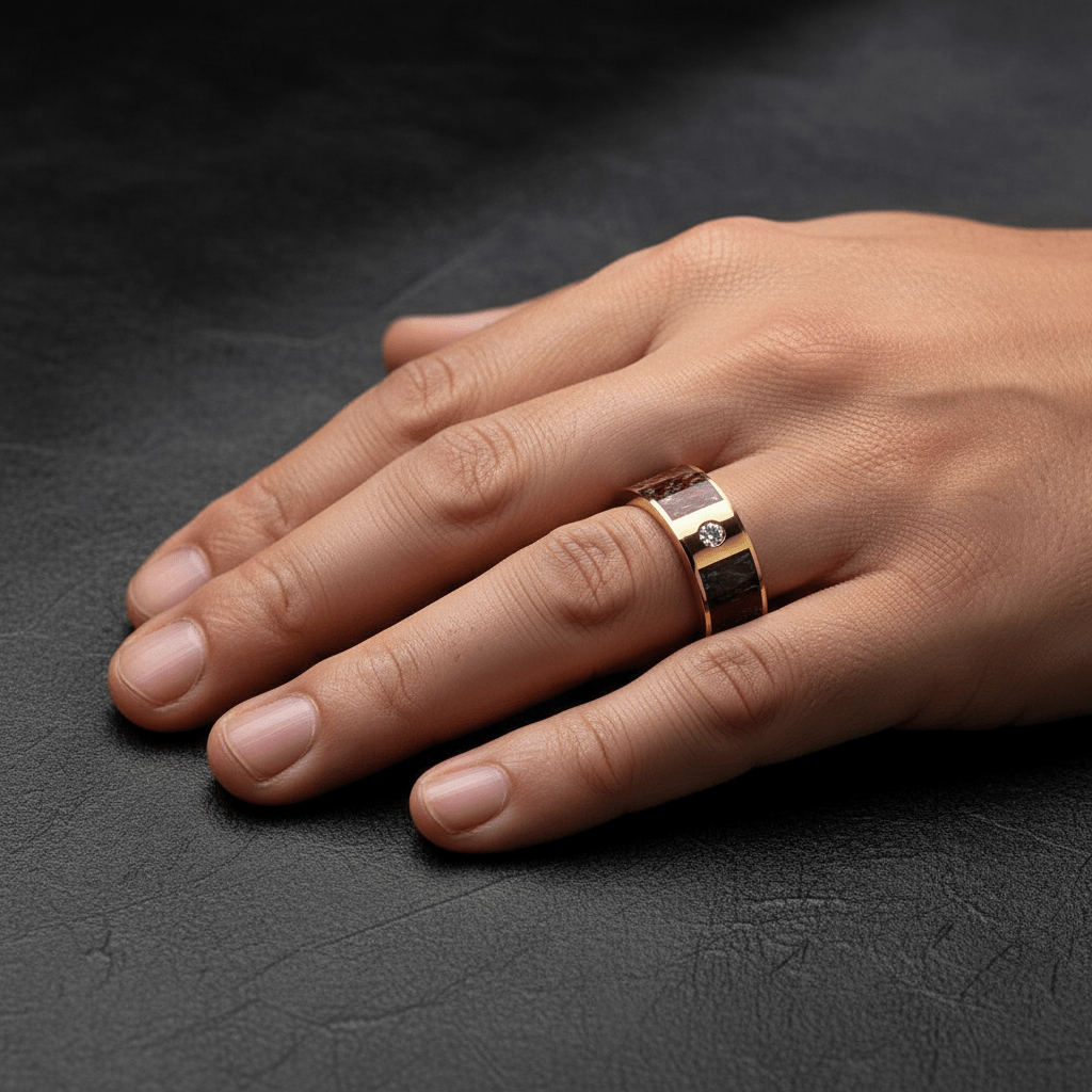 Dinosaur Bone inlay 14k yellow gold wedding band 8mm with diamond, angled view