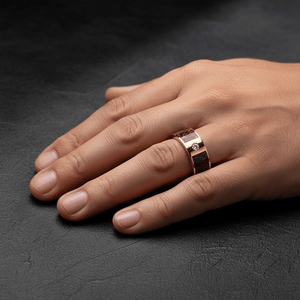 Dinosaur Bone inlay 14k yellow gold wedding band 8mm with diamond, angled view