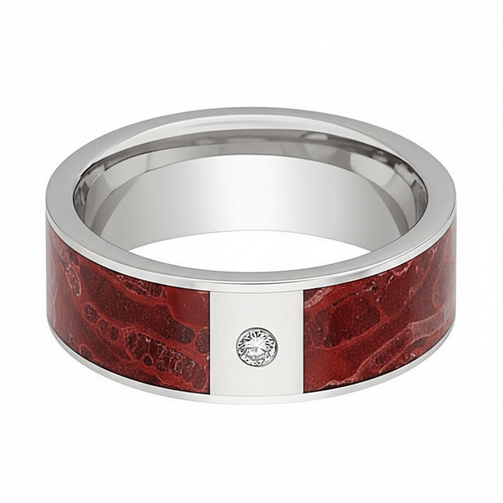 Dinosaur Bone inlay 14k yellow gold wedding band 8mm with diamond, close-up of inlay