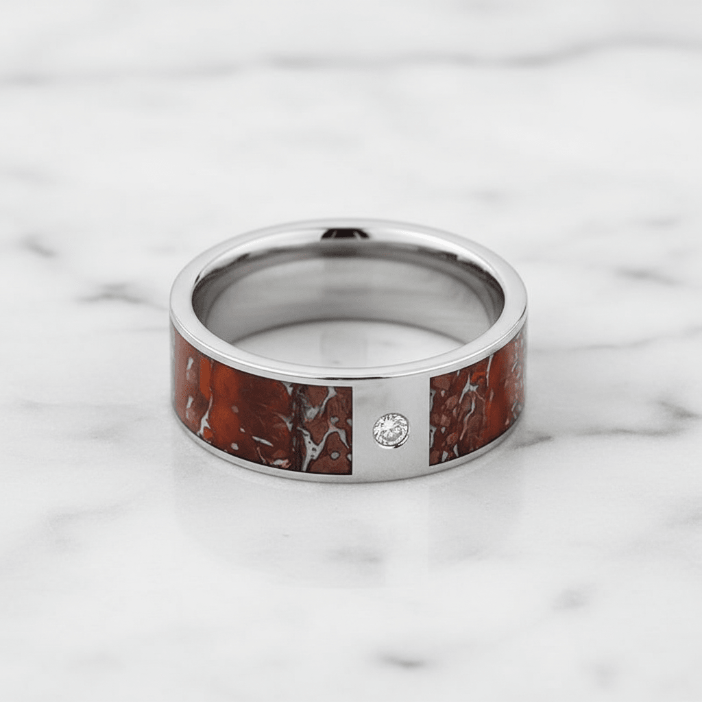 Dinosaur Bone inlay 14k yellow gold wedding band 8mm with diamond, additional view 9