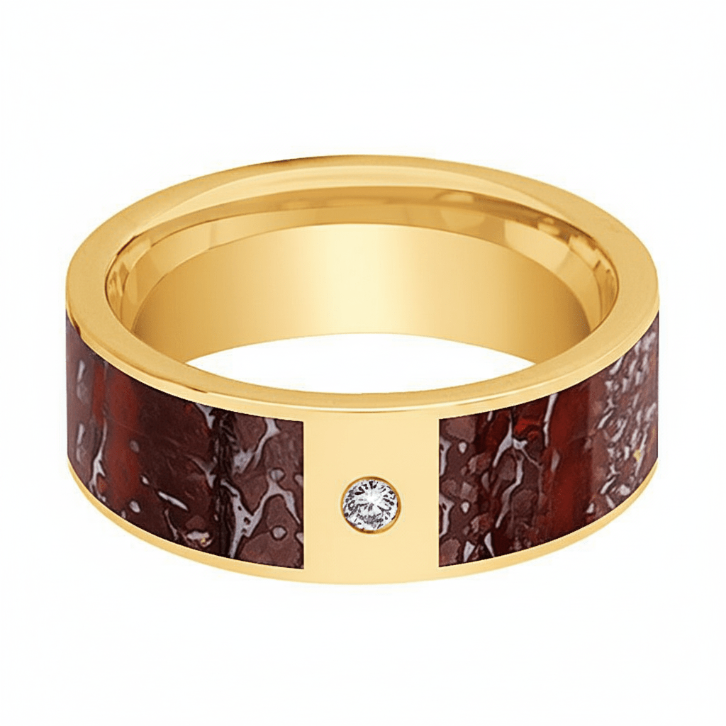 Dinosaur Bone inlay 14k yellow gold wedding band 8mm with diamond, side profile