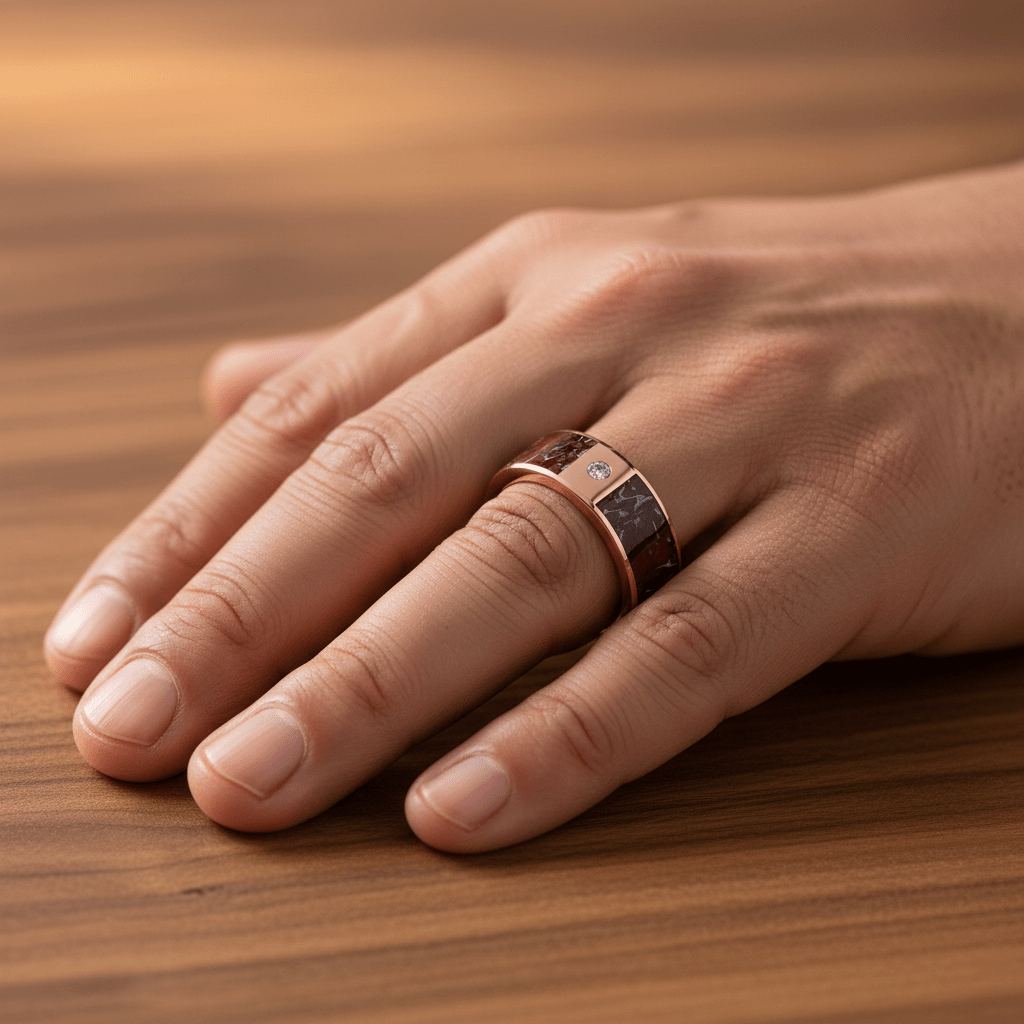 Dinosaur Bone inlay 14k yellow gold wedding band 8mm with diamond, additional view 7