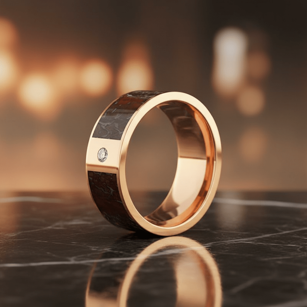 Dinosaur Bone inlay 14k yellow gold wedding band 8mm with diamond, additional view 8