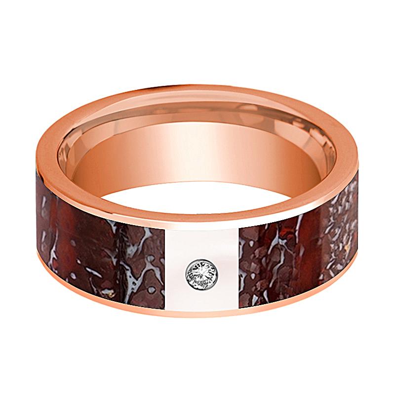 Dinosaur Bone inlay 14k yellow gold wedding band 8mm with diamond, additional view 6