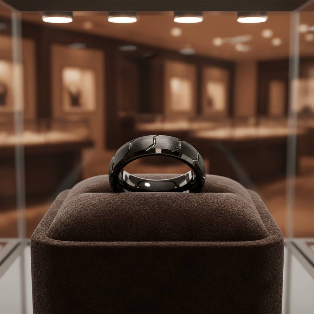 GRYPHON — Premium boutique display on velvet — men's tungsten wedding ring.