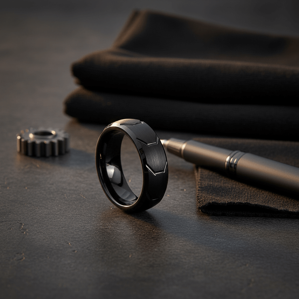 GRYPHON — Editorial masculine still life — men's tungsten wedding ring.
