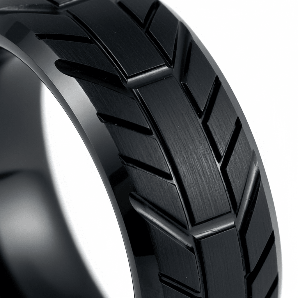 GRYPHON — Extreme macro detail — men's tungsten wedding ring.