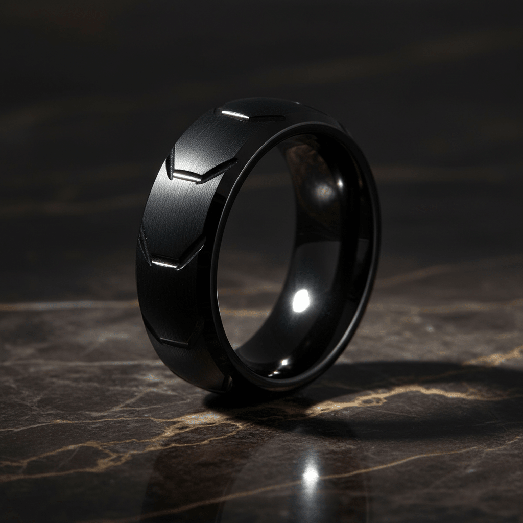 GRYPHON — Luxury 3/4 angle on dark marble — men's tungsten wedding ring.