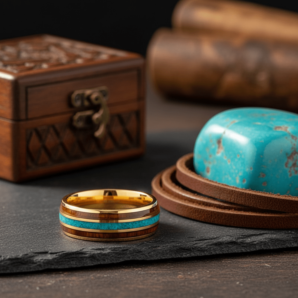 GUNNAR — Editorial masculine still life — men's tungsten wedding ring.