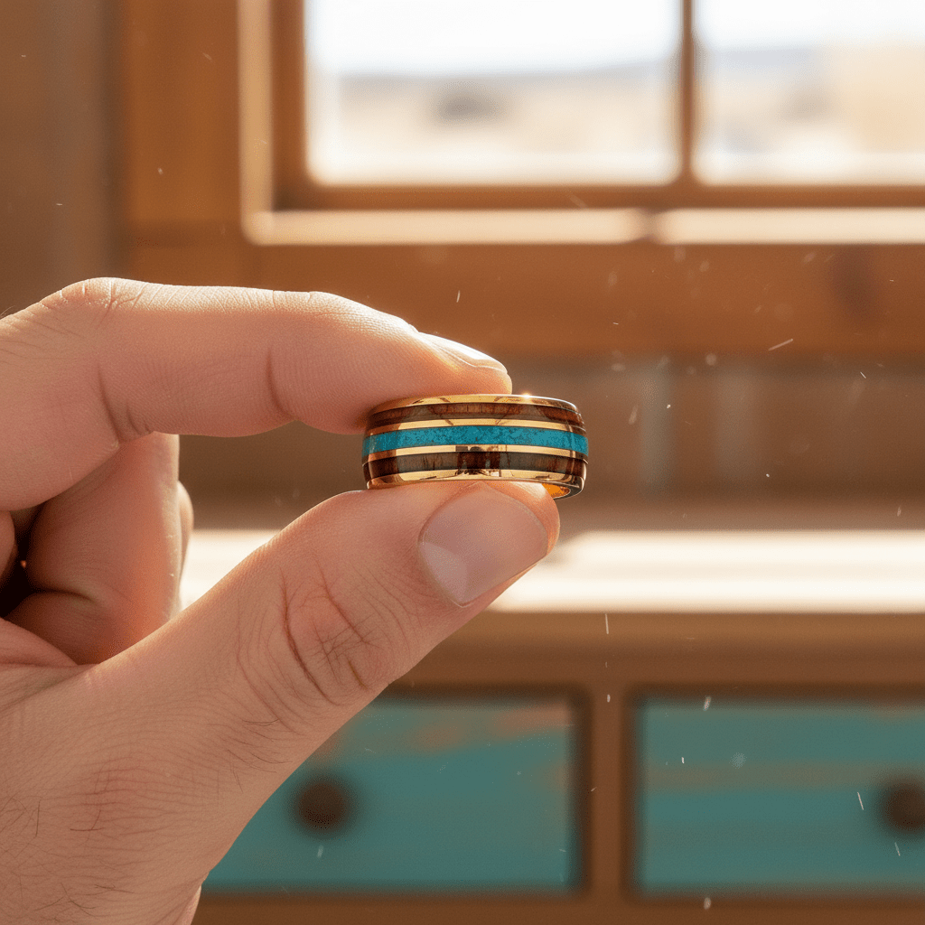 GUNNAR — Held between fingers close-up — men's tungsten wedding ring.