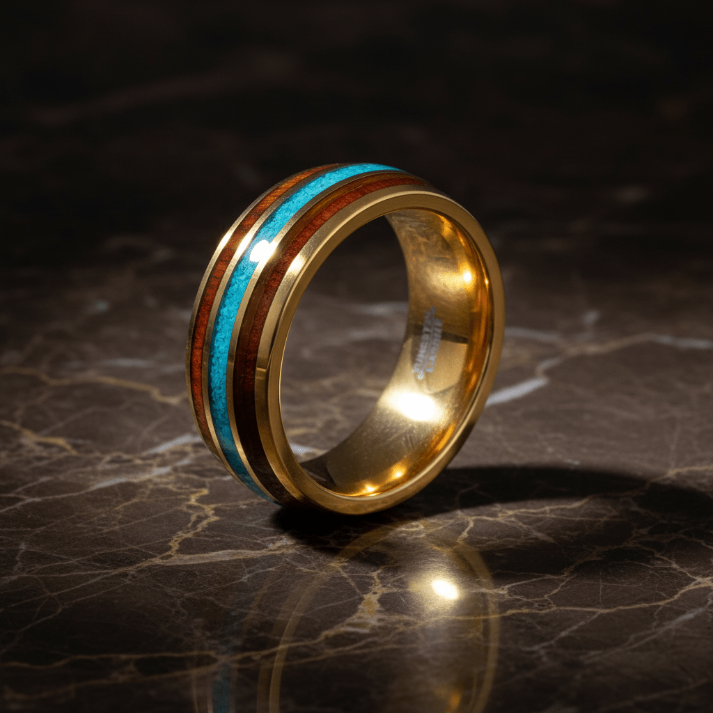 GUNNAR — Luxury 3/4 angle on dark marble — men's tungsten wedding ring.