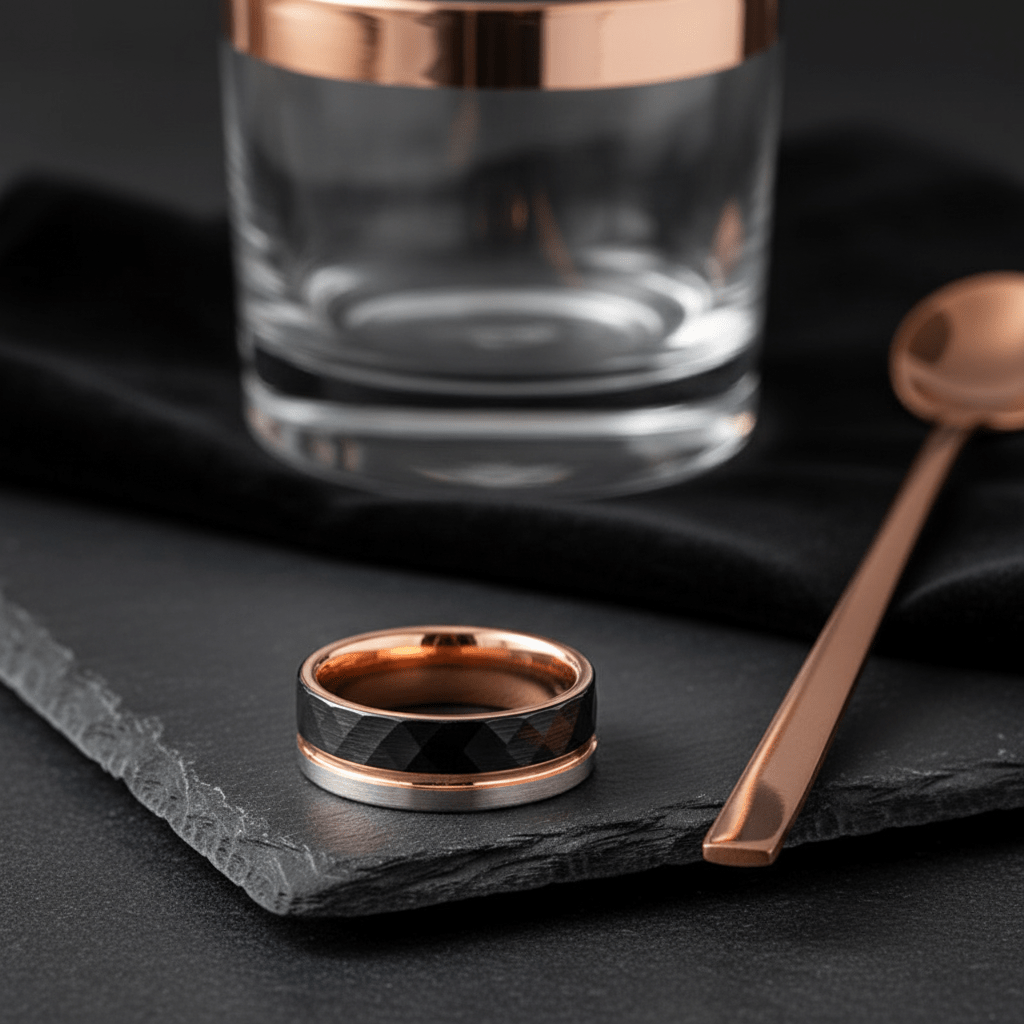 GUSTAVO — Editorial masculine still life — men's tungsten wedding ring.