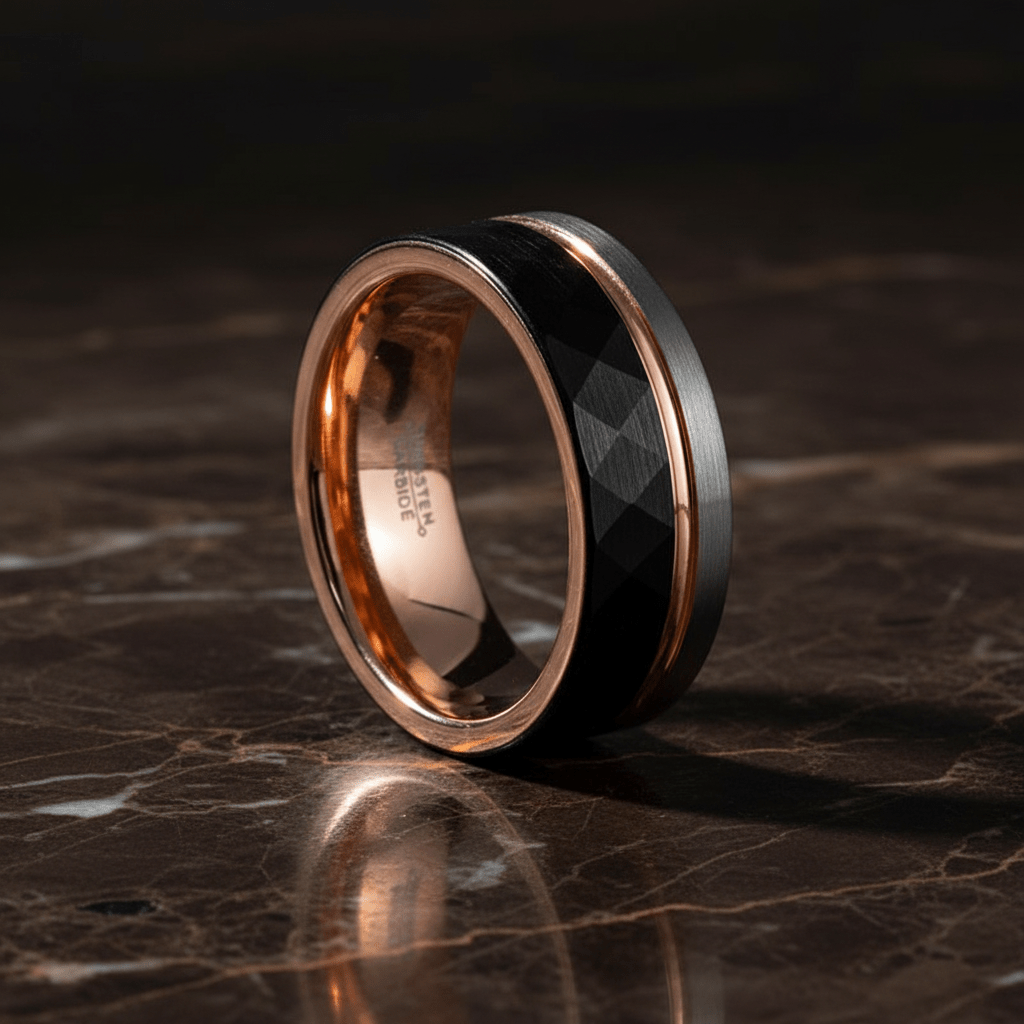 GUSTAVO — Luxury 3/4 angle on dark marble — men's tungsten wedding ring.